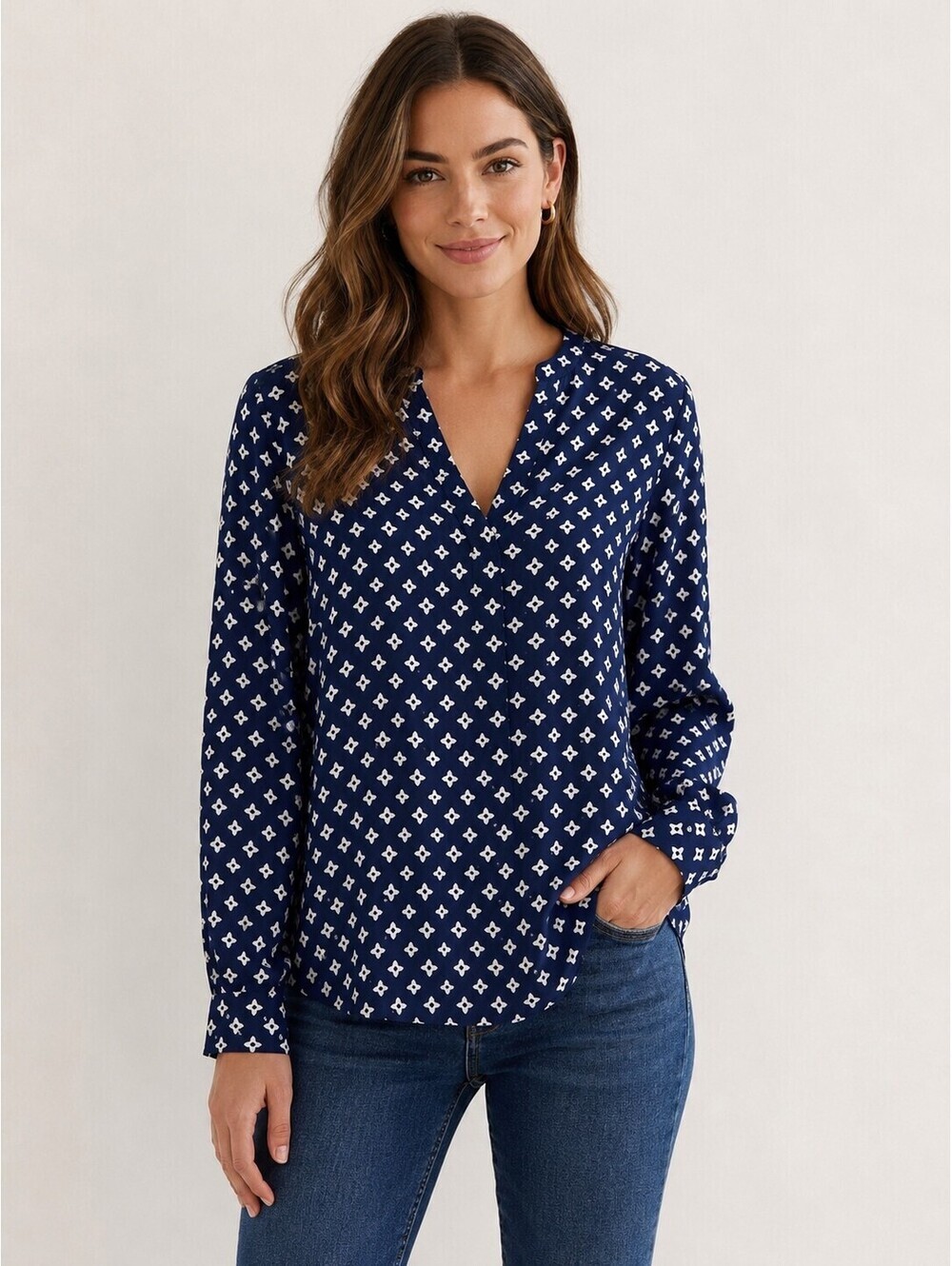 Lauren Ralph Lauren Blue White Geometric Print Long Sleeve Blouse Size M